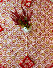 Load image into Gallery viewer, Round Table Cover. Diameter: 78 inches Approx'. Aghabani Oriental for Round Tables. Red background with Gold &amp; White Silk
