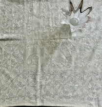 Load image into Gallery viewer, Table Cover: 57 x 57 inches Approx&#39;. Aghabani Oriental for Square Tables. Beige background with White and Silver Silk
