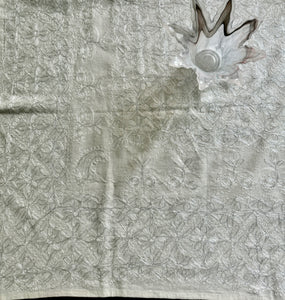 Table Cover: 57 x 57 inches Approx'. Aghabani Oriental for Square Tables. Beige background with White and Silver Silk
