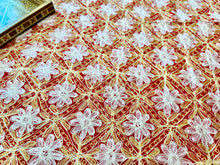 Load image into Gallery viewer, Round Table Cover. Diameter: 78 inches Approx&#39;. Aghabani Oriental for Round Tables. Red background with Gold &amp; White Silk
