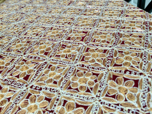Table Cover: 135 x 78 inches Approx’. Aghabani Oriental for Rectangle Tables, Burgundy background with Gold & White Silk Embroidery