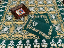 Load image into Gallery viewer, Table Cover: 58 x 58 inches Approx&#39;. Dark Green background with Gold and White Silk Embroidery tablecloth Handmade Aghabani for Square tables
