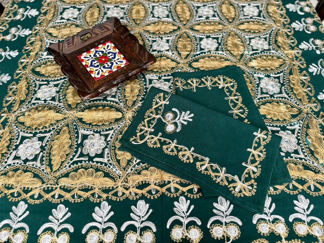 Table Cover: 58 x 58 inches Approx'. Dark Green background with Gold and White Silk Embroidery tablecloth Handmade Aghabani for Square tables