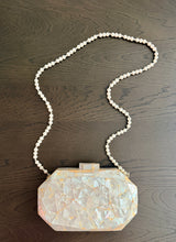 Load image into Gallery viewer, Mother of Pearl Mosaic Clutch with Pearl Beaded Chain Strap

