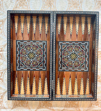 Load image into Gallery viewer, Handmade Mosaic Backgammon Set – Inlaid Walnut Wood &amp; Mother-of-Pearl Game Board
