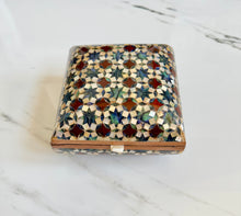 Load image into Gallery viewer, Vintage Khatam Mosaic Inlay Box | Micro-Mosaic Marquetry Jewelry Box | Star &amp; Diamond Pattern | 6.1 x 6.1 x 3.5”

