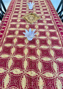 Table Cover: 117 x 58 inches Approx'. Aghabani Oriental for Rectangle Tables, Burgundy background with Burgundy and Gold Silk Embroidery