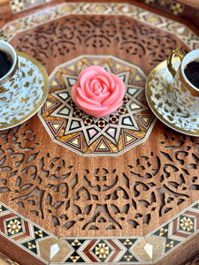 Wooden Mosaic Tray inlaid with Mother of Pearl. L 16.5 in W 16.5 in.