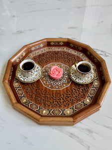 Wooden Mosaic Tray inlaid with Mother of Pearl. L 16.5 in W 16.5 in.