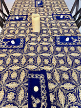 Load image into Gallery viewer, Table Cover: 156 x 78 inches Approx’. Aghabani Oriental for Rectangle Tables, Navy Blue background with Gold Silk Embroidery
