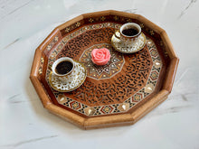 Load image into Gallery viewer, Wooden Mosaic Tray inlaid with Mother of Pearl. L 16.5 in W 16.5 in.
