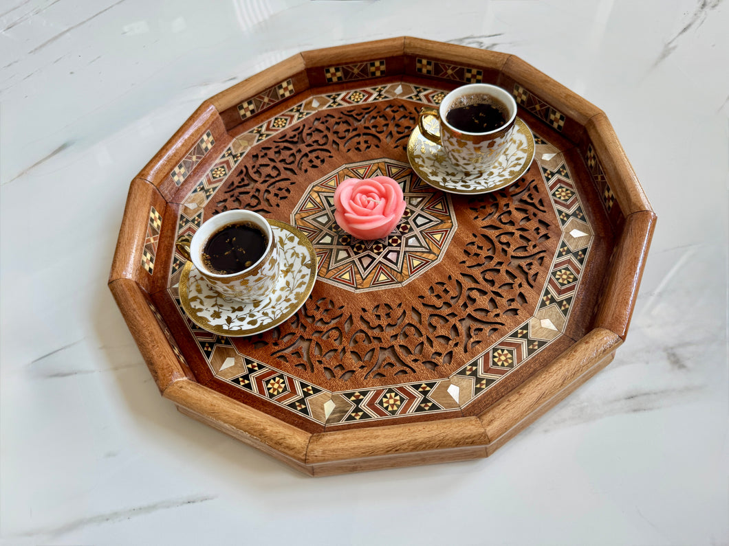 Wooden Mosaic Tray inlaid with Mother of Pearl. L 16.5 in W 16.5 in.