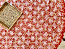 Load image into Gallery viewer, Round Table Cover. Diameter: 78 inches Approx&#39;. Aghabani Oriental for Round Tables. Red background with Gold &amp; White Silk

