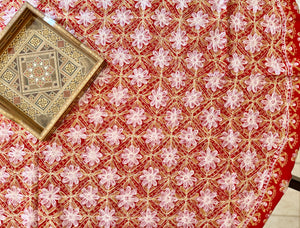 Round Table Cover. Diameter: 78 inches Approx'. Aghabani Oriental for Round Tables. Red background with Gold & White Silk
