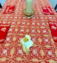 Load image into Gallery viewer, Table Cover: 177 x 74 inches Approx’. Aghabani Oriental for Rectangle Tables, Red background with Gold &amp; White Silk Embroidery
