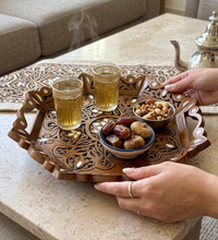 Load image into Gallery viewer, Handcrafted Wooden Tray with Mother-of-Pearl Inlay | Octagonal Serving Tray with Handles | Middle Eastern Damascene Style
