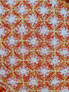Round Table Cover. Diameter: 78 inches Approx'. Aghabani Oriental for Round Tables. Red background with Gold & White Silk