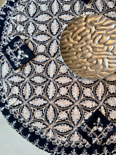 Load image into Gallery viewer, Round Table Cover. Diameter: 78 inches Approx'. Aghabani Oriental for Round Tables. Black background with White Silk
