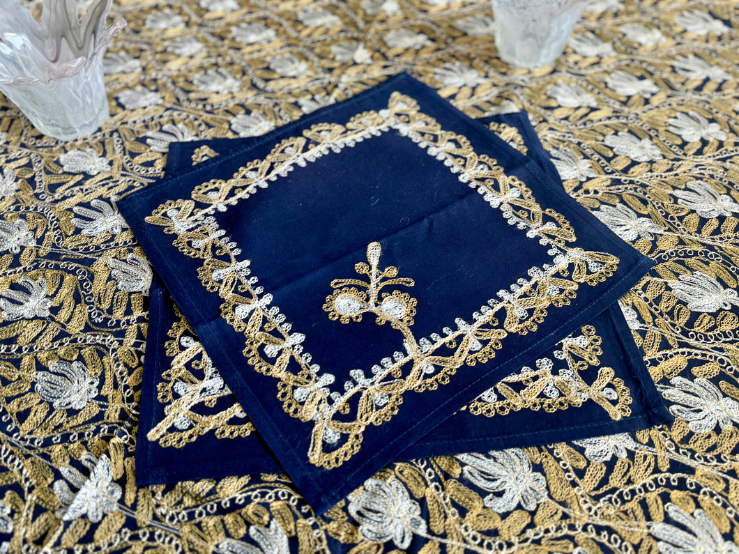 Table Cover: 58 x 58 inches Approx'. Dark Green background with Gold and White Silk Embroidery tablecloth Handmade Aghabani for Square tables