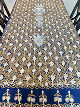 Load image into Gallery viewer, Table Cover: 117 x 67 inches Approx'. Aghabani Oriental for Rectangle Tables, Navy Blue background with Gold and White Silk Embroidery
