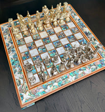 Load image into Gallery viewer, Luxury Abalone &amp; Mother of Pearl Chess Set | 16x16 Handcrafted Mosaic Board | Gold &amp; Silver Metal Pieces | Collector Gift | Home Decor

