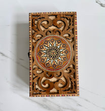 Load image into Gallery viewer, Handmade Marquetry Jewelry Box | Mother-of-Pearl Star Inlay | Wood Mosaic Keepsake Box | Velvet Lined | 9.25 x 5.4 x 3.1 in
