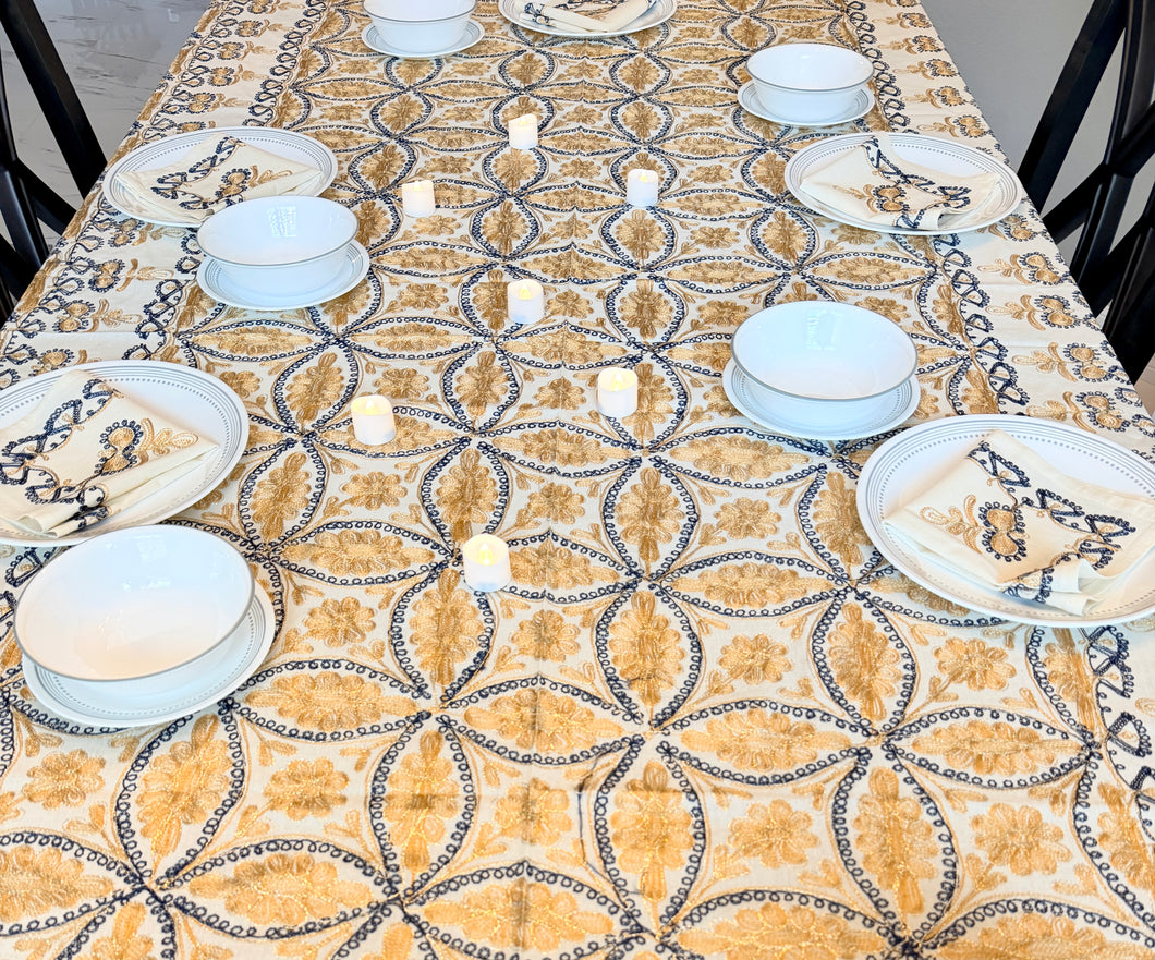 Table Cover: 117 x 58 inches Approx'. Aghabani Oriental for Rectangle Tables, Beige background with Gold and Navy Blue Silk Embroidery