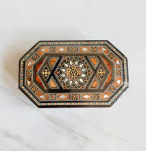 Load image into Gallery viewer, Handcrafted Marquetry Box | Mother of Pearl &amp; Wood Inlay Octagonal Box | Middle Eastern Mosaic Jewelry Box
