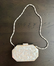 Load image into Gallery viewer, Mother of Pearl Mosaic Clutch with Pearl Beaded Chain Strap
