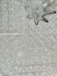 Table Cover: 57 x 57 inches Approx'. Aghabani Oriental for Square Tables. Beige background with White and Silver Silk