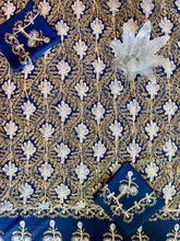 Load image into Gallery viewer, Table Cover: 117 x 67 inches Approx'. Aghabani Oriental for Rectangle Tables, Navy Blue background with Gold and White Silk Embroidery
