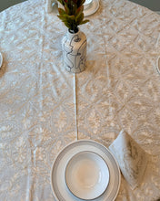 Load image into Gallery viewer, Round Table Cover. Diameter: 78 inches Approx'. Aghabani Oriental for Round Tables. White background with Gold &amp; White Silk
