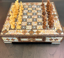 Load image into Gallery viewer, Mother-of-Pearl Mosaic Chess Set with Storage Drawer | Handcrafted Inlaid Wood Chessboard &amp; Carved Chess Pieces | Middle Eastern Marquetry
