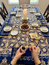 Load image into Gallery viewer, Navy Blue &amp; Gold Embroidered Tablecloth Set – Elegant Floral Design | 94” x 59” | Set of 12 Napkins
