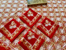 Load image into Gallery viewer, Round Table Cover. Diameter: 78 inches Approx&#39;. Aghabani Oriental for Round Tables. Red background with Gold &amp; White Silk
