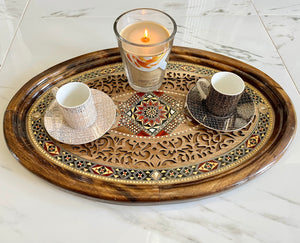 Wooden Mosaic Tray inlaid with Mother of Pearl. L 19.9 in W 13.3 in.