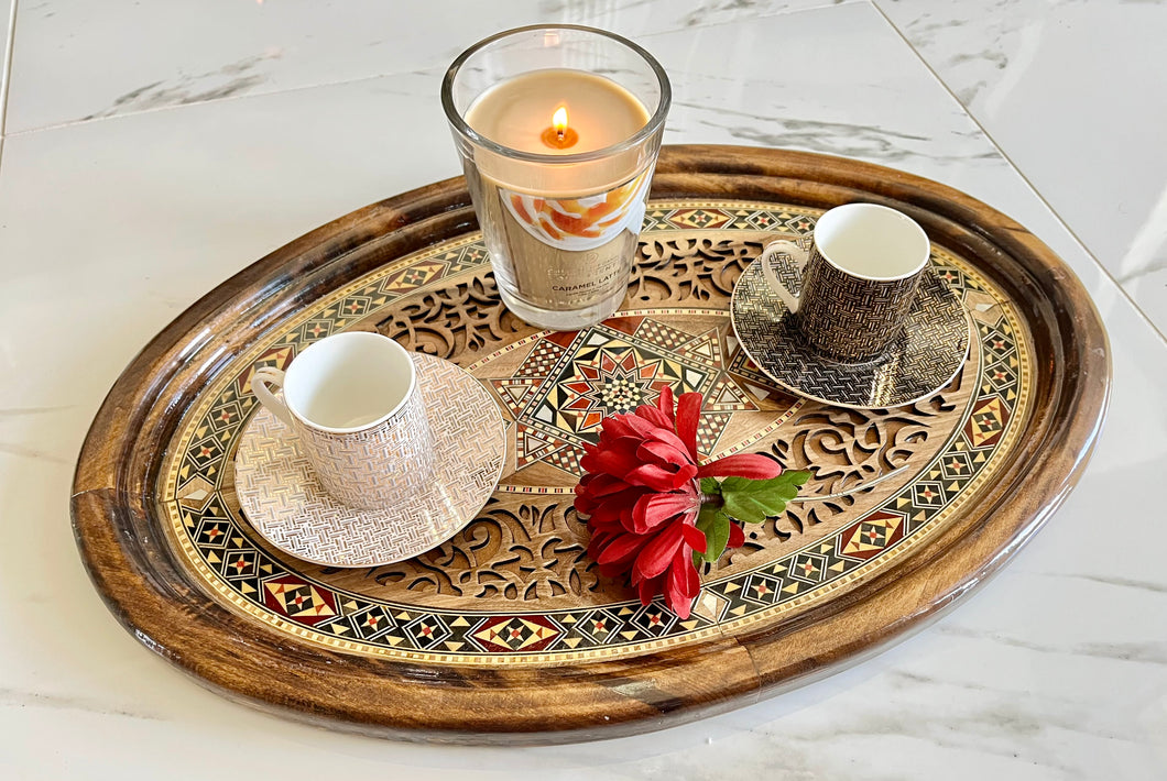 Wooden Mosaic Tray inlaid with Mother of Pearl. L 19.9 in W 13.3 in.