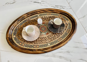 Wooden Mosaic Tray inlaid with Mother of Pearl. L 19.9 in W 13.3 in.
