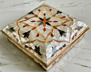 Large Sized Pearl Handmade Mosaic Box. Size: 10 x 10 inches