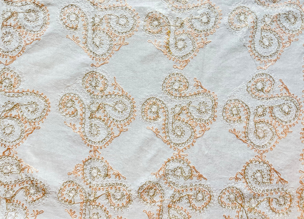 Table Cover: 117 x 58 inches Approx'. Aghabani Oriental for Rectangle Tables, White background with White and Peach Silk Embroidery
