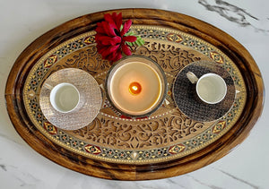 Wooden Mosaic Tray inlaid with Mother of Pearl. L 19.9 in W 13.3 in.