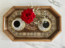 Load image into Gallery viewer, Wooden Mosaic Tray inlaid with Mother of Pearl. L 18.2 in W 11.0 in.
