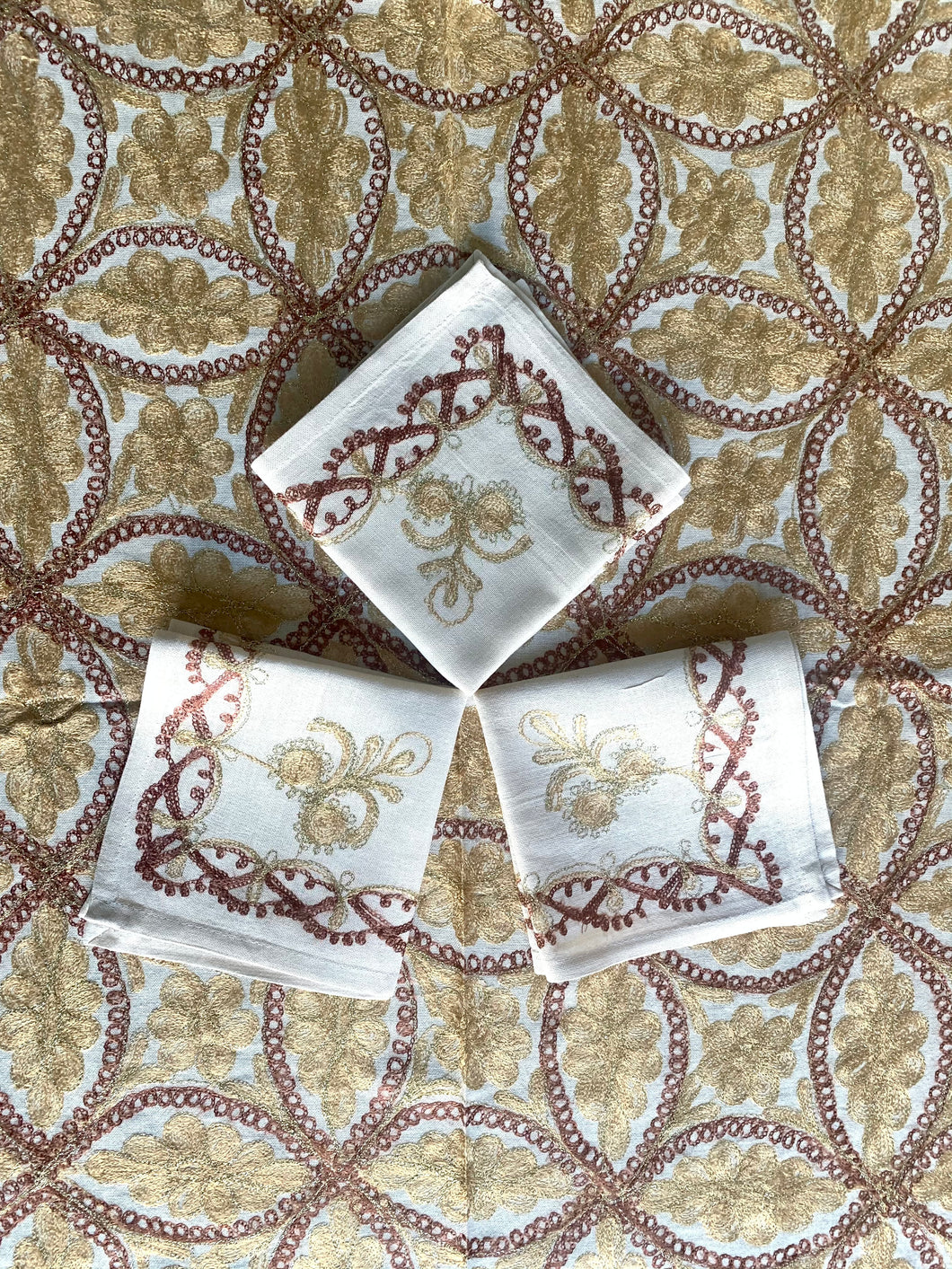 Table Cover: 94 x 59 inches Approx'. Aghabani Oriental for Rectangle Tables, Beige background with Brown and Gold Silk Embroidery