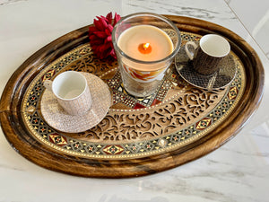 Wooden Mosaic Tray inlaid with Mother of Pearl. L 19.9 in W 13.3 in.